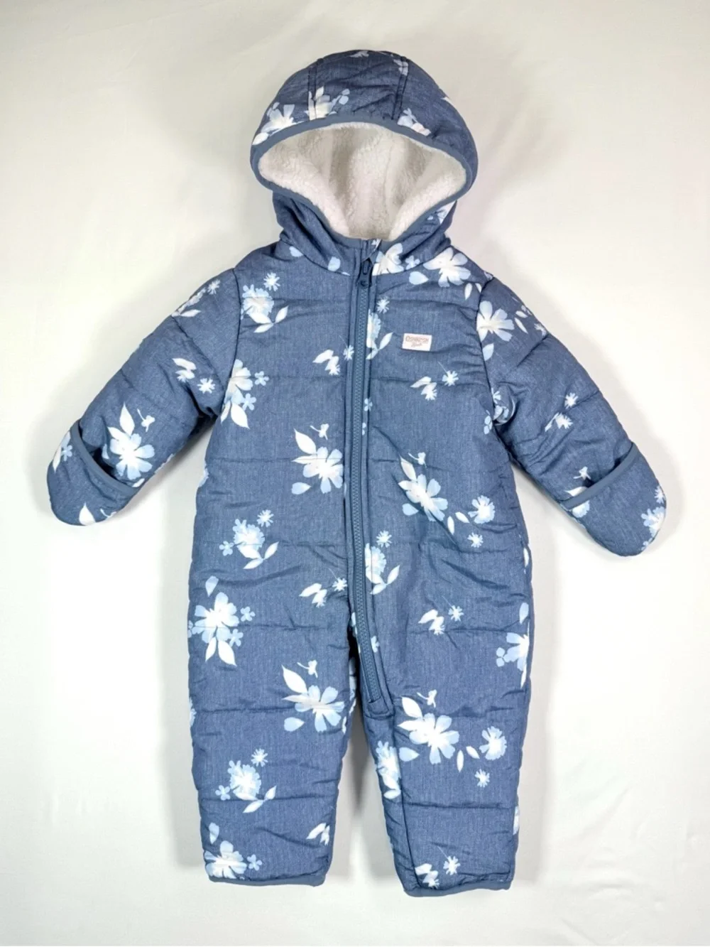 OSHKOSH Baby Girl Snowsuit‎ 6-9M Blue Floral Hooded Winter Puffer Cottagecore